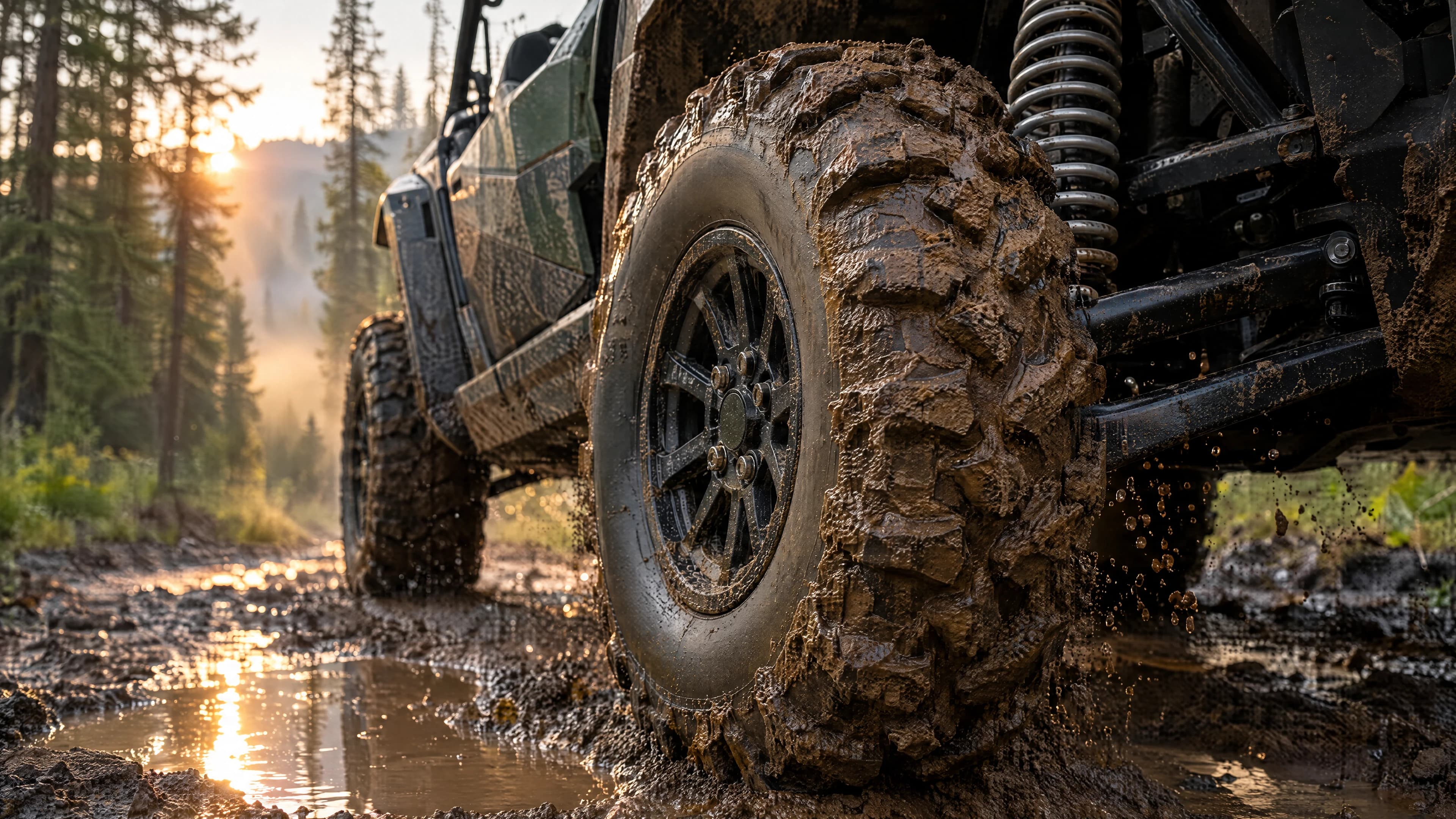 Close view of a mud-caked side-by-side tire and suspension in a forest puddle.