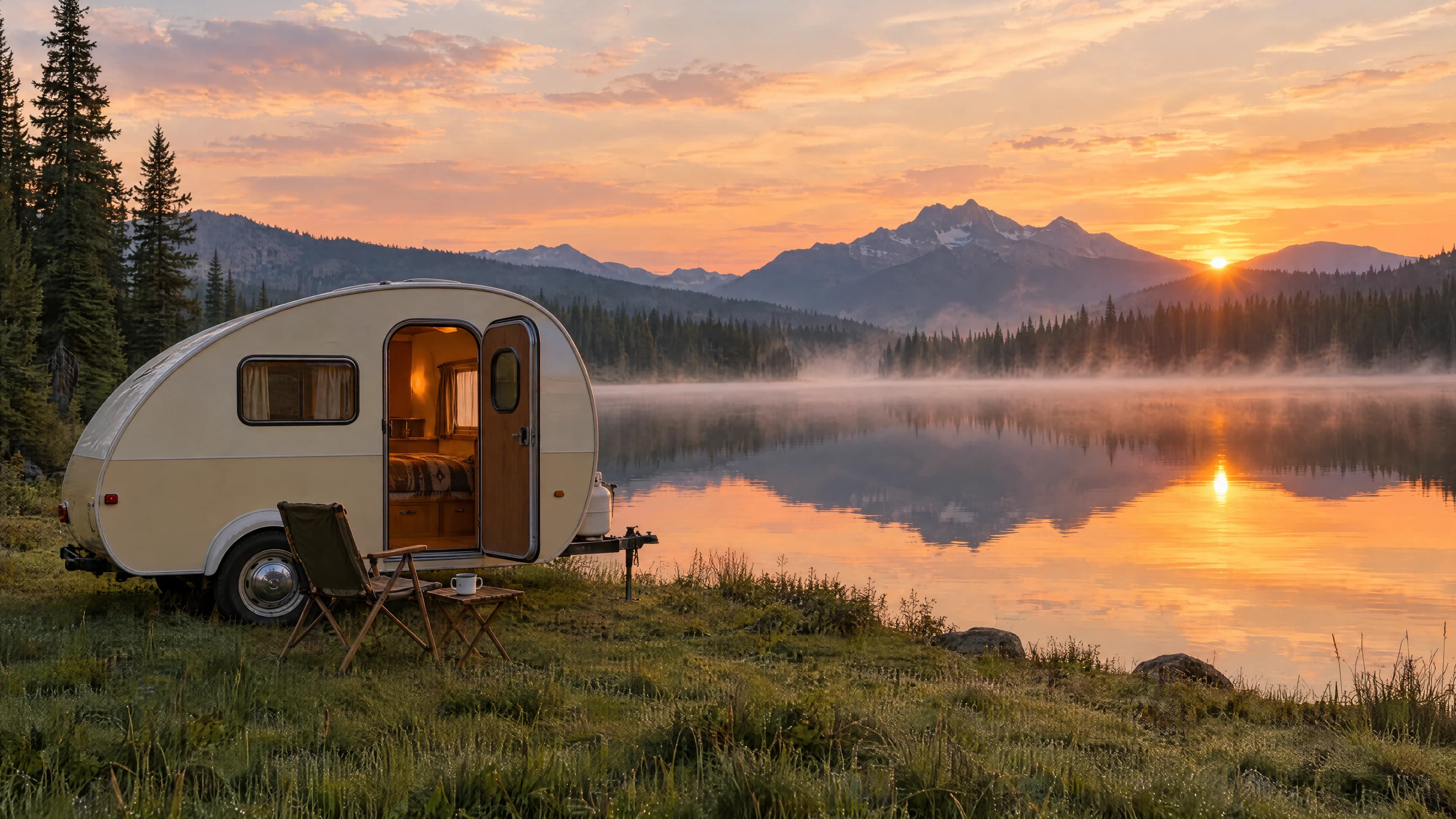 A small camper with its door open beside a still lake at sunrise, mountains reflected in the water.
