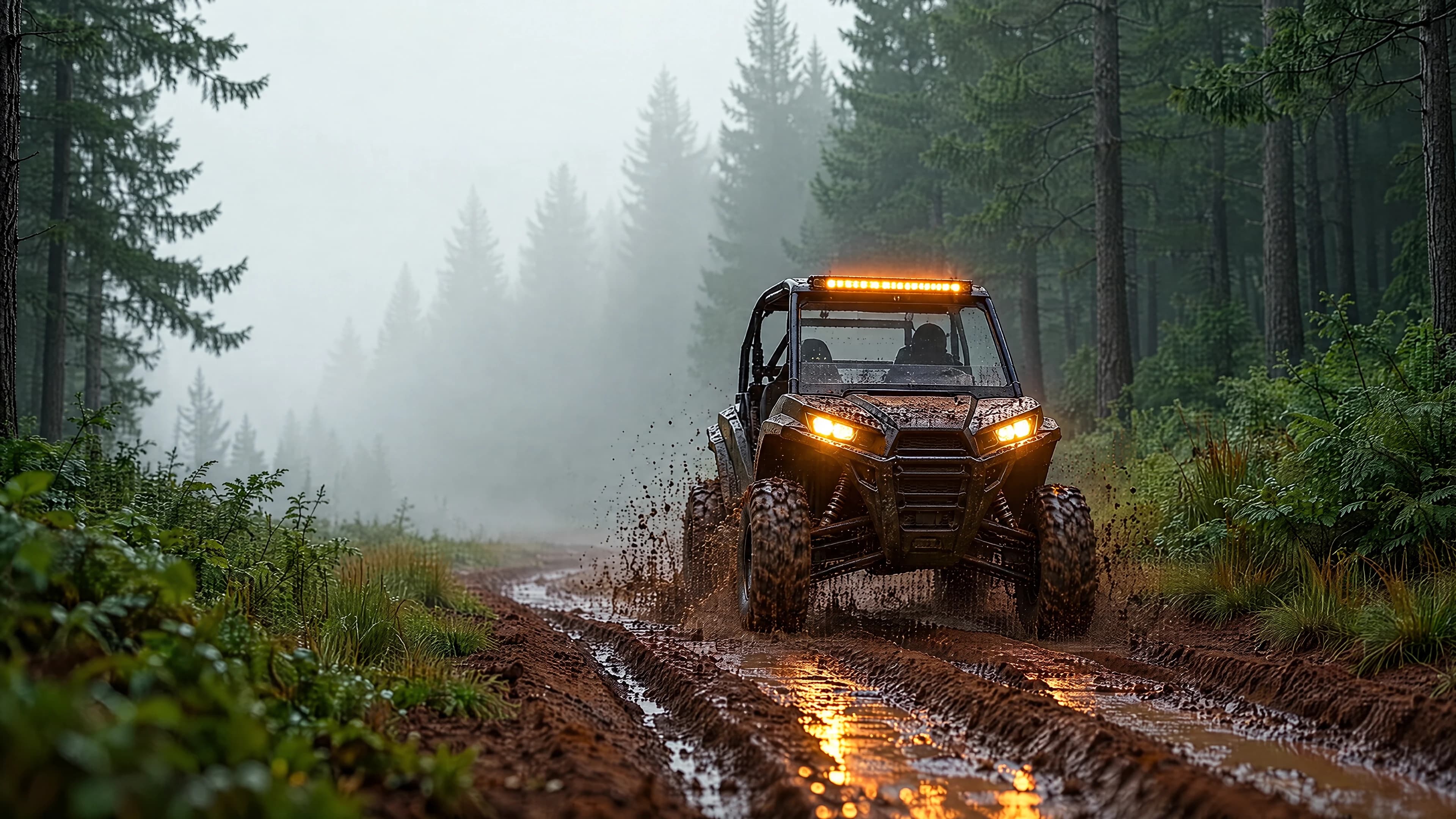 A muddy side-by-side with amber lights on, driving a wet dirt road through foggy pines.
